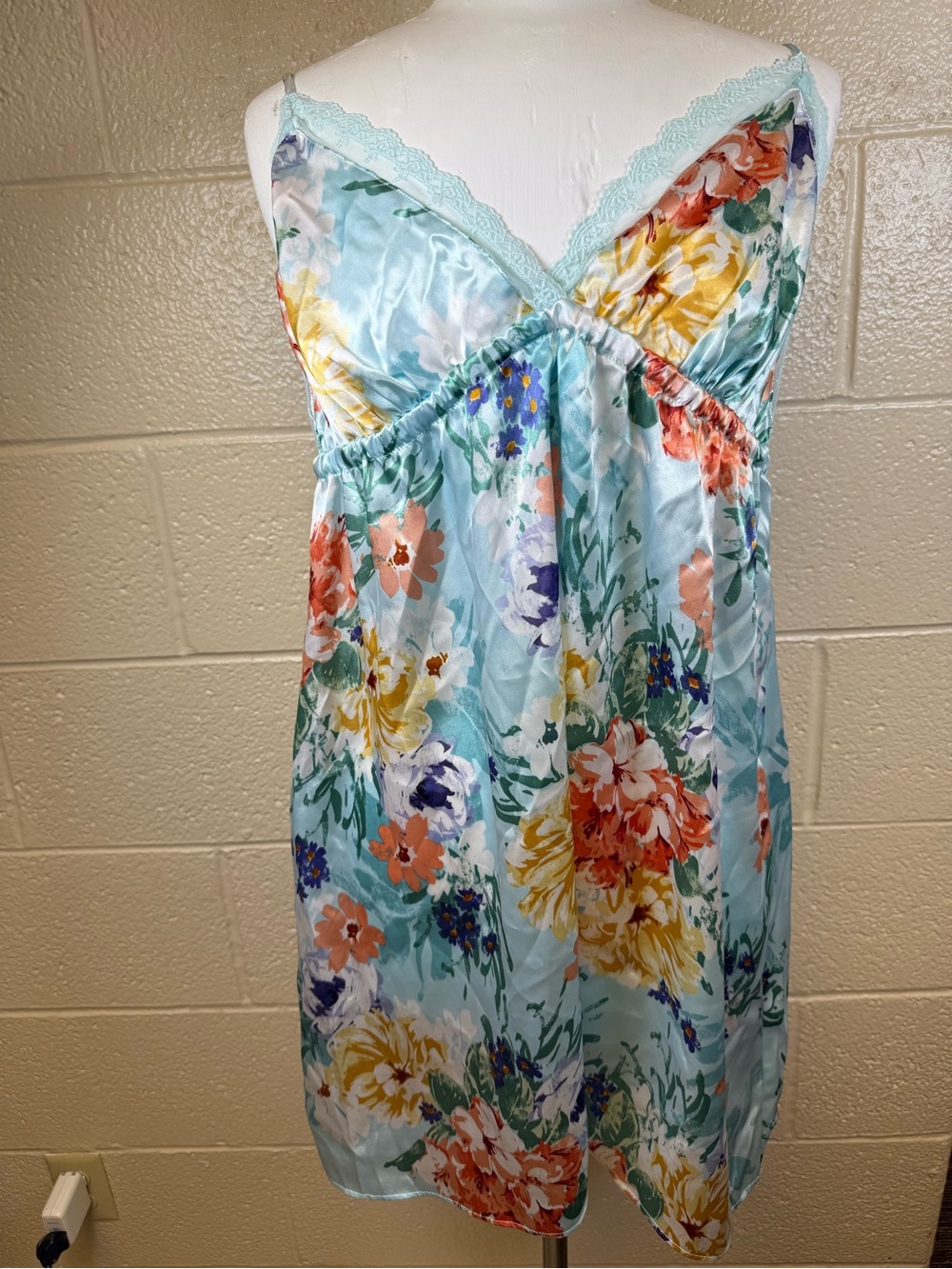 Floral Satin Chemise Slip in Aqua Blue